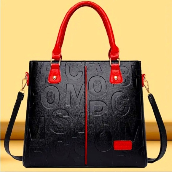 Handbags - Black/Red Colorblock Geometric Embossed Lettering Crossbody Tote, NWOT